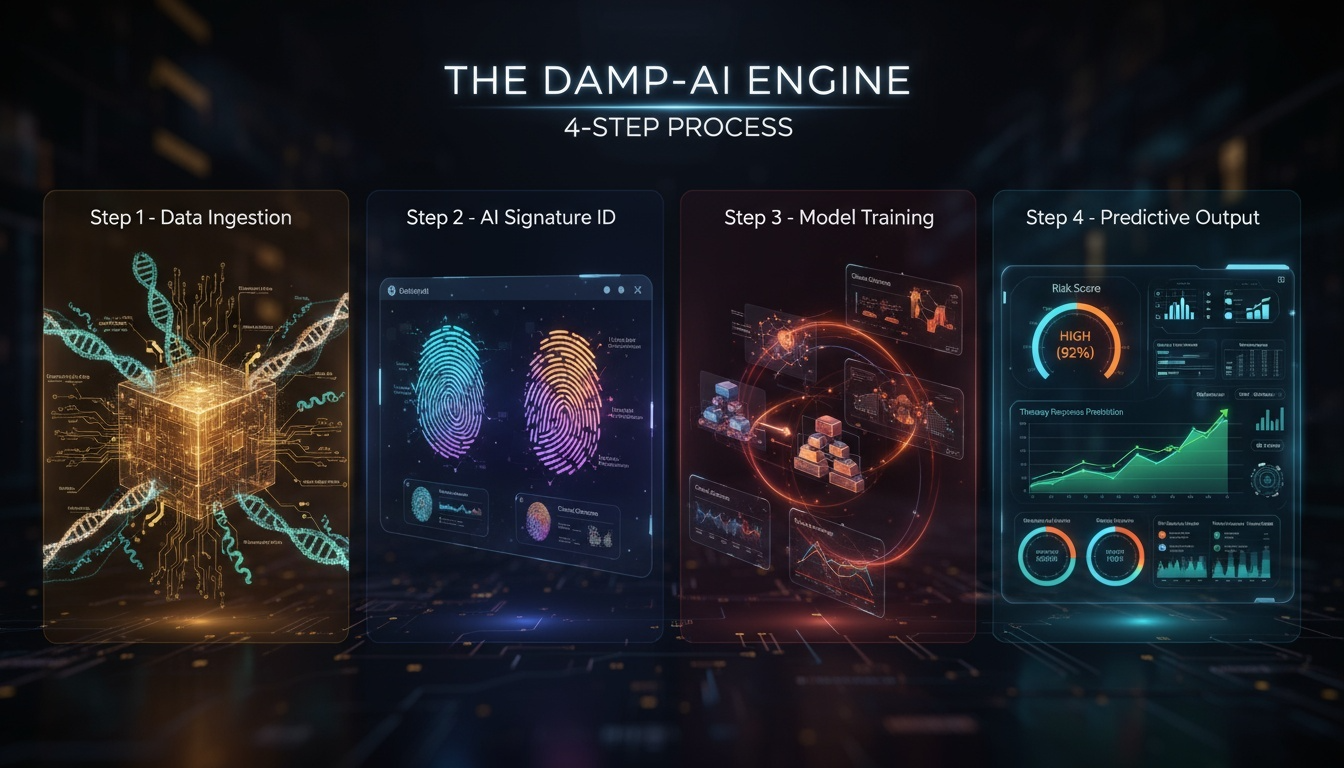 Complete DAMP-AI system architecture showing the 4-step process from damage detection to predictive output