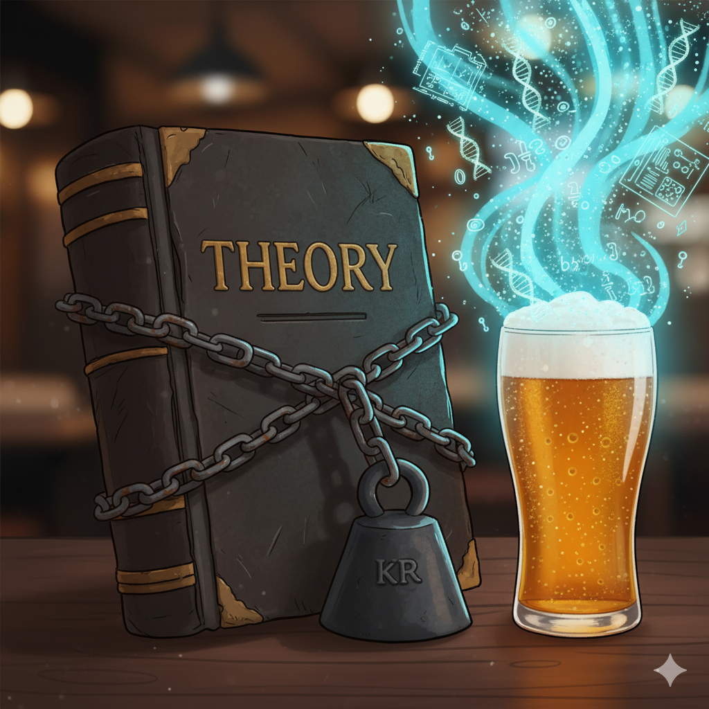 A heavy textbook with chains around it, while a beer glass nearby glows with inspiration
