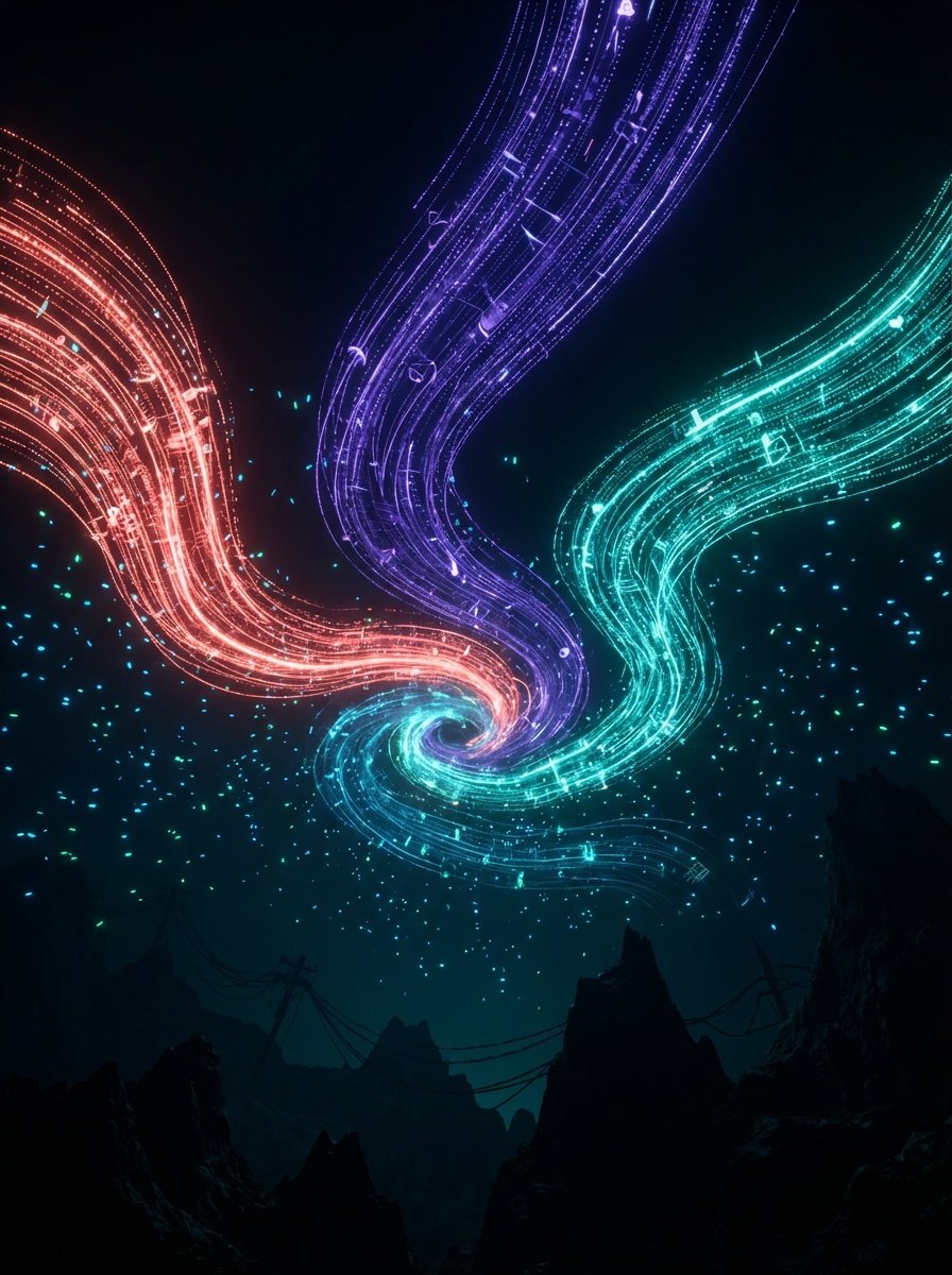 Three glowing data streams representing our three blogs