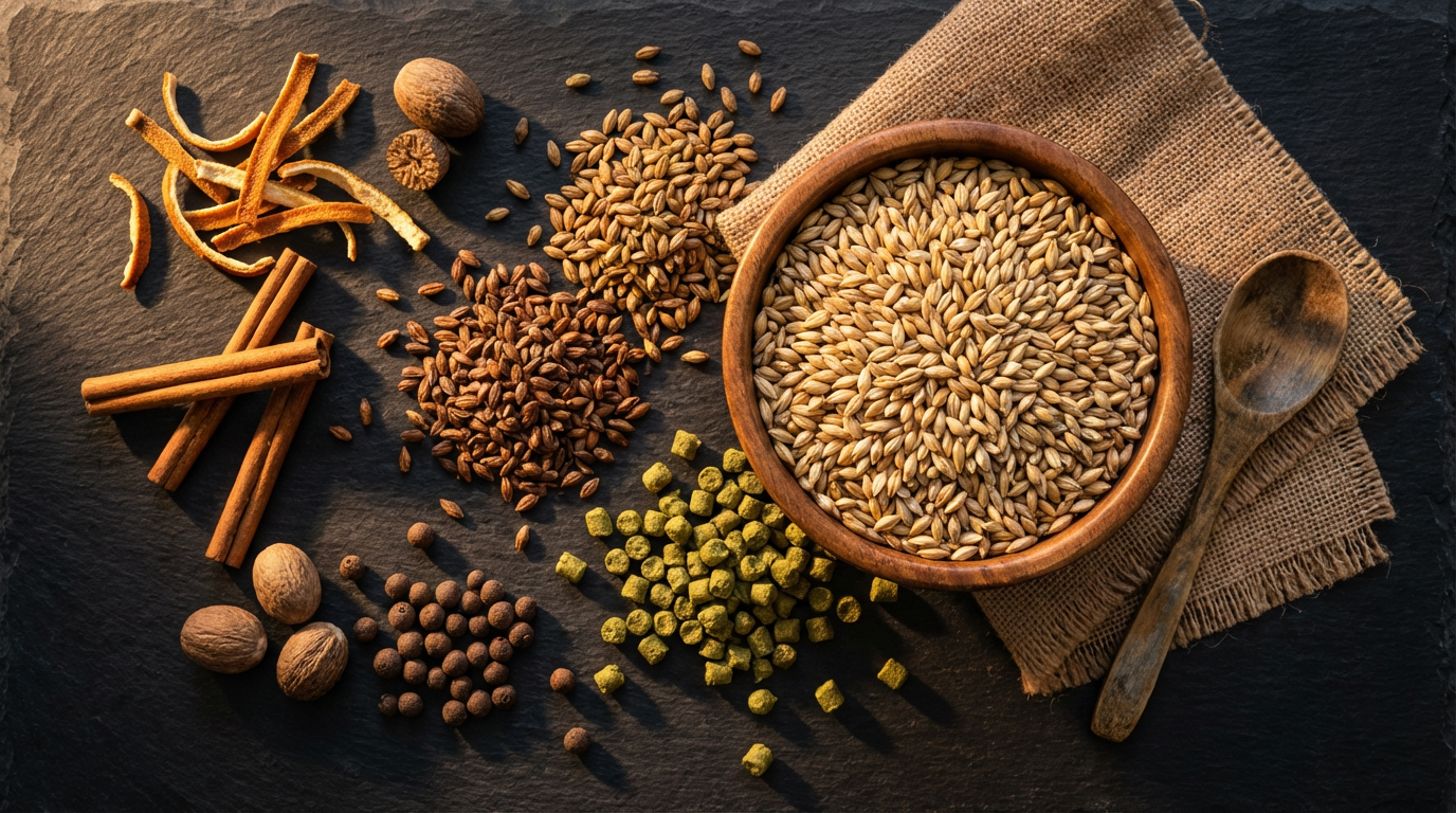 Brewing ingredients laid out on a dark surface